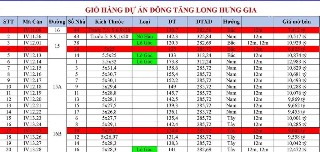 Bảng giá mở bán Đông Tăng Long Hưng Gia 2025